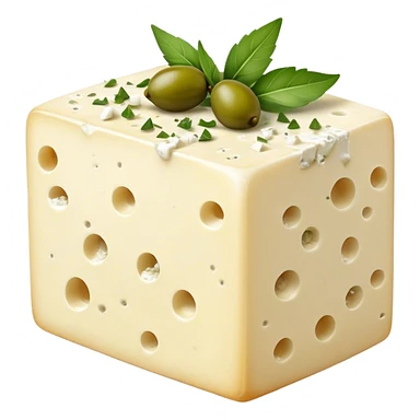 Cinematic Realistic Feta Cheese Dish Emoji, depicted as a block of crumbly, tangy cheese garnished with olive oil and herbs rendered with lifelike detail and soft natural lighting. sticker
