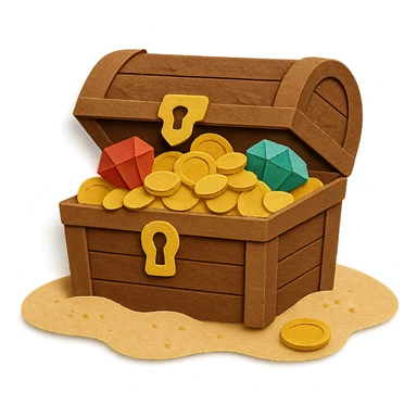 illustration of a treasure chest overflowing with gold coins and jewels on a sandy beach in paper-craft style sticker