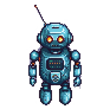 retro robot with antenna, pixel art style sticker