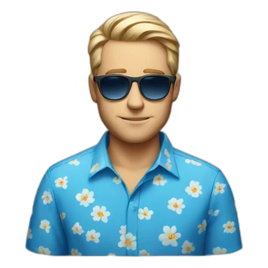 White Man with blue flower shirt an sunglasses lookin away, no beard sticker