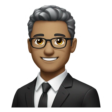 Portrait of an adult smiling man, fair skin, very short black-gray ombre hair, black eyes, wearing a black office suit and a white collared shirt underneath. sticker