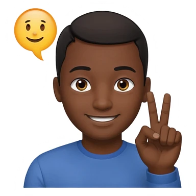 Male smiling with a big round head, dark skin, eyes looking to the side, pointer finger touching the outside corner of the eye sticker