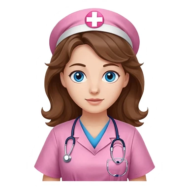 Nurse with wavy brown hair and blue eyes, pink tunic sticker