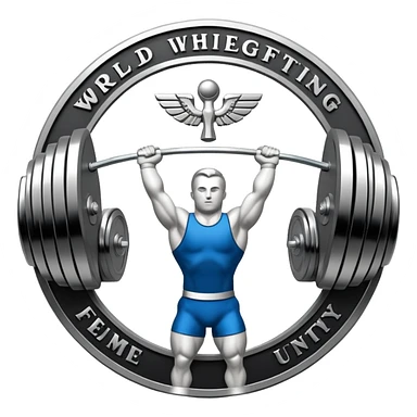 An emblem representing the World Weightlifting Federation with a stylized barbell and global elements. Bold text and clean lines symbolize strength, unity, and competition. Modern, dynamic design with a transparent background. sticker