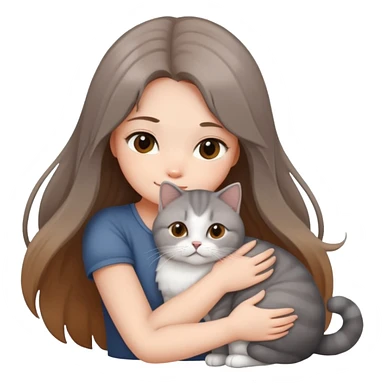 A long-haired girl hugs a British shorthair cat with a brown and white gradient sticker