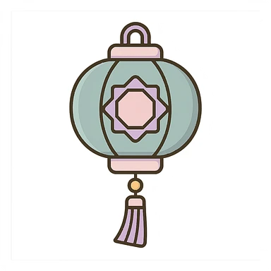Chinese lantern like the reference with geometric ornament and tassel, in icon-color-outlined style. Not minimalist, no floral decor, detailed shadows and highlights, thin clean contours, soft rounded shapes, pastel palette #98B5BC, #B5B3C1, #C9A3C9, #E4C0CA, #F7DCD1, #F7C0AA. Modern Japanese pop art and sticker aesthetics, high detail, vector sharpness, soft lighting, transparent background. sticker