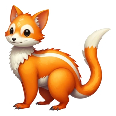 lush warm-colored Fakémon-Trico-creature (full body) with white cheek markings, white-striped tail sticker