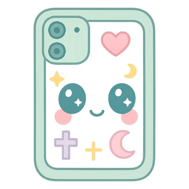 Remove any purse or purse-matching elements. Focus only on a white and black gothic kawaii phone case with big eyes, smiling, playful, cartoonish style, and gothic symbols. No purse references. No background. sticker