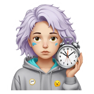 Gender: Non-binary Hair: Bedhead waves with post-nap crease on cheek Face: Blank thousand-yard stare Clothes: Wrinkled company-logo hoodie (3 sizes too big) Action: Holding "24/7" neon sign with melting clock sticker