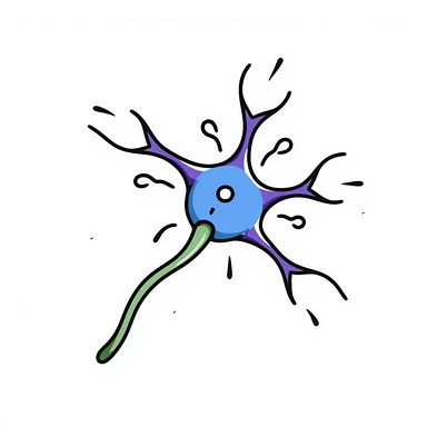 doodle-style scientific neuron with blue soma, purple dendrites, green axon with myelin, surrounded by a radiant, shield-like protective aura, hand-drawn, detailed illustration sticker