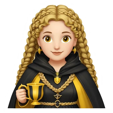 Helga Hufflepuff, 2 curly thick brown braids, yellow-black medieval dress, black cloak decorated with gold braiding, tiny two-handled shiny yellow-gold cup, very kind smile, curvy busty sweet woman, thick rosy cheeks sticker