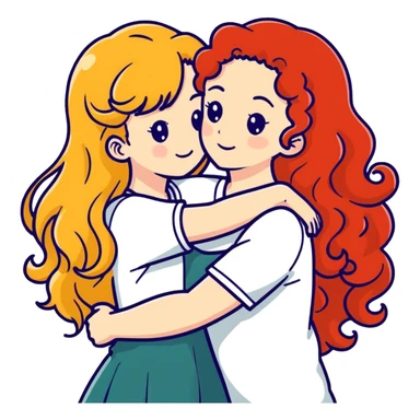 A girl with straight long blonde hair hugging a girl with red curly hair  sticker