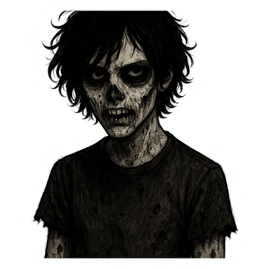 spooky boy zombie, black medium-long messy curly hair, emo, with a creepy expression sticker
