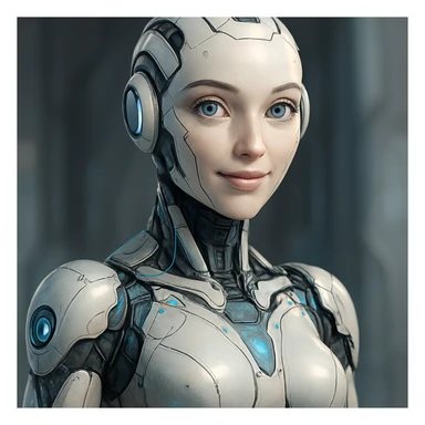 a woman AI robot, futuristic, friendly, detailed sticker