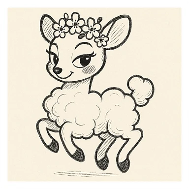 Transform the feminine vanilla cloud doe with rosy cheeks and cherry flowers on its head, floating gracefully, into a soft, whimsical, and playful hand-drawn doodle style. Keep the Pixar-inspired charm while emphasizing confidence, charm, and subtle allure, suitable for a social media brand mascot. The style should resemble a hand-drawn doodle with a Pixar-inspired look. sticker