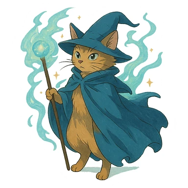 ghibli style wizard cat with a flowing cloak and magical aura sticker