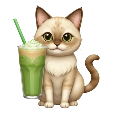 Happy Siamese Cat holding in its paws an iced matcha latte sticker