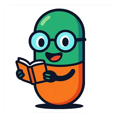 A smiling capsule pill with big round glasses, holding a tiny open book, cartoon style, vibrant colors, pill is green and orange sticker