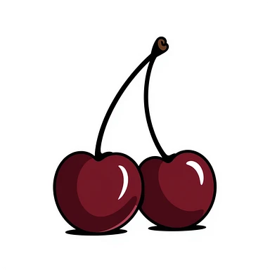 Hand-drawn pair of deep burgundy cherries with stem and leaves, dark rich red sticker