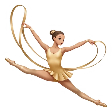 A graceful rhythmic gymnast performing with a flowing ribbon, executing an elegant leap mid-air. The pose exudes flexibility, balance, and artistry. The background suggests a competition arena with soft lighting, emphasizing movement, precision, and the beauty of the sport. sticker