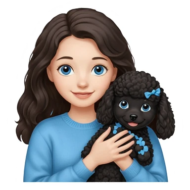 One Brunette girl with blue eyes and long hair in a light blue sweater holds one black Poodle puppy in her arms sticker