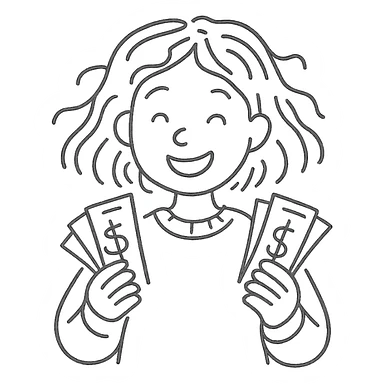 girl with rummy hair in beige sweater happy with money in hands sticker