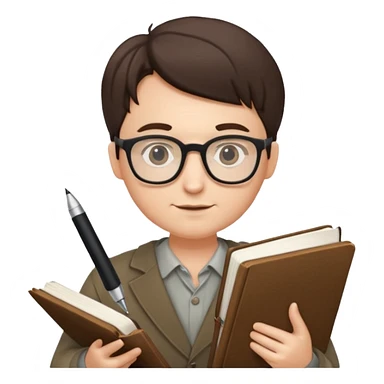 writer holding big pen in hand and book in other hand, wearing glasses sticker