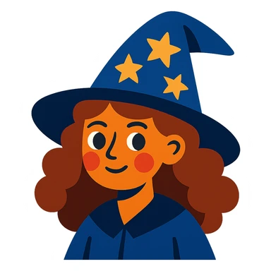 witch with caramel brown curly hair, wearing a starry hat sticker
