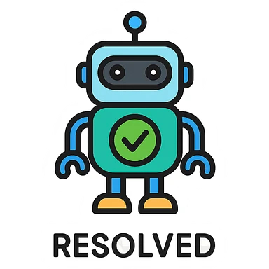 clean modern icon style robot with a green check mark on its body and a caption underneath saying 'RESOLVED' sticker