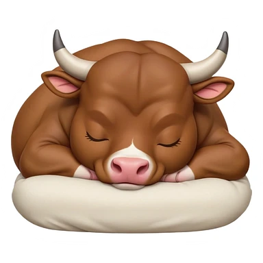 meme-worthy-cute-sleeping-domestic-bull-portrait-emoji,-head-resting-peacefully-with-a-contented-smile,-showcasing-a-robust,-muscular-build-and-a-luxuriously-soft-coat,-eyes-gently-closed-in-serene,-restful-slumber,-simplified,-solid-brown sticker