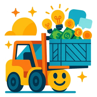 emoji with a smiling forklift lifting a crate filled with symbols of ideas (light bulbs), money (bills and coins), and speech bubbles, in a positive and dynamic atmosphere sticker
