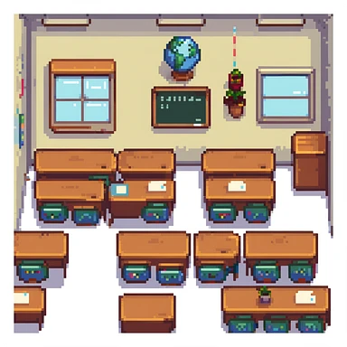 classroom scene with many students and a teacher in pixel art style sticker