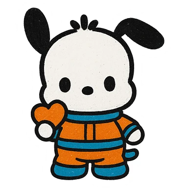 Make Pochacco white with black ears, wearing an orange and blue space suit, keep plushy Popmart doll style, cute and playful, no background. The style should reflect a plushy Popmart doll look, cute and playful. sticker