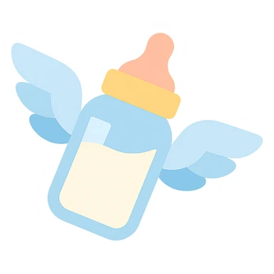 flying baby bottle with milk, wings, colorful icon sticker
