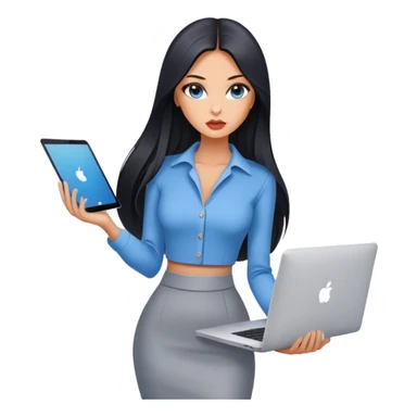 Glamours tanned very beautiful girl with pump peach nude lips and black straight smooth long hair, blue-grey eyes in beautiful clothing stading with MacBook sticker
