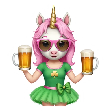 friendly anthropomorphised female unicorn with horse-like face, in tutu and pink t-shirt, wearing dark sunglasses, celebrating St. Patrick's Day sticker