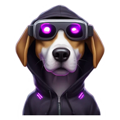 funny dog wearing a black hoodie with "OMG" letters on it and VR headset in a cyberpunk VR environment with violet neon lighting. sticker
