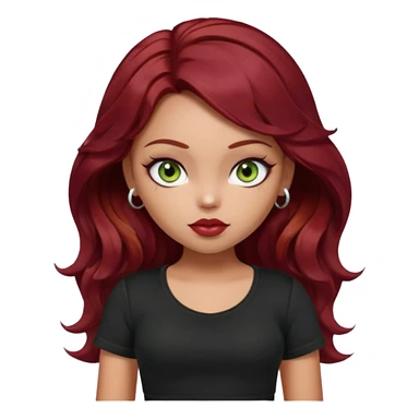 a pretty fair bratz girl with wavy dark red hair, wearing a black tee. eyeliner on, olive green eyes. Till stomach sticker