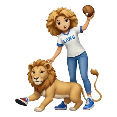 friendly anthropomorphised female lion wearing a baseball shirt, jeans, and trainers, helping another character up after falling down sticker