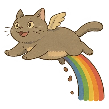 ghibli style flying cat pooping rainbows sticker