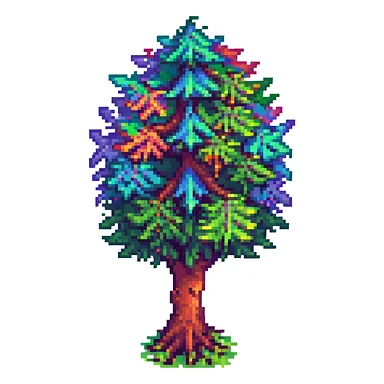 Terraria-style tree with vibrant LGBTQ+ rainbow colors, pixel art style, detailed and playful, no text sticker