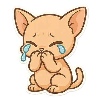 A bald orange cat with no hair on its head. The kitten is crying with its paws covering its mouth sticker