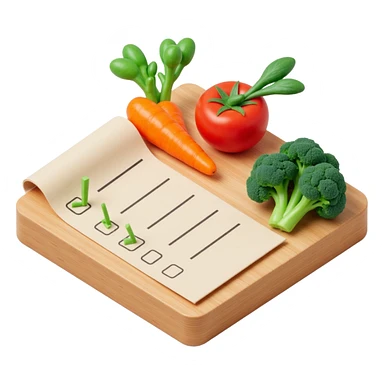 carrot tomato brocoli on the wooden cutting board with floating rolled paper list with green checkboxes sticker