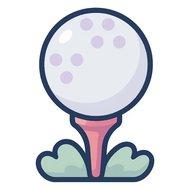 golf ball on a tee stand with soft grass detail, icon-color-outlined style, detailed shading, thin clean outlines, soft rounded features, pastel palette #98B5BC #B5B3C1 #C9A3C9 #E4C0CA #F7DCD1 #F7C0AA, Japanese pop art, sticker look, highly detailed, vector clarity, soft lighting, subtle shadows, transparent background sticker