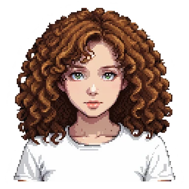 girl with curly chestnut hair wearing a white t-shirt sticker