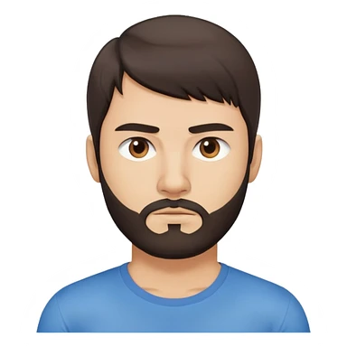 Argentine male with longer straight dark brown hair reaching shoulders, bangs, short complete beard, serious neutral face, wearing plain blue t-shirt sticker