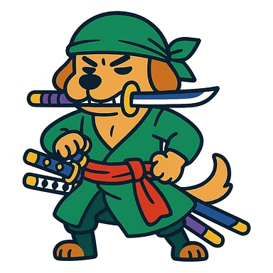 dog dressed as Zoro from One Piece, green bandana, three swords, confident pose, vibrant colors sticker