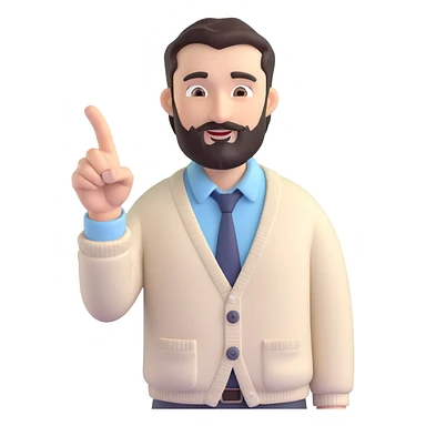 3D cartoon business guide male, dark hair, full beard, thick eyebrows, cheerful confident, dressed in light cream cardigan and pale blue collared shirt, one hand on whiteboard, other hand pointing sideways, professional friendly, neutral indoor setting sticker