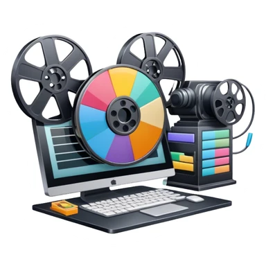 Create a vibrant and modern icon representing Animation and Motion Design, featuring elements like a film reel, a computer screen, dynamic motion lines, and a cinematographic film strip on an editing table. The design should be colorful, and dynamic, without any emojis. The background's transparent. sticker