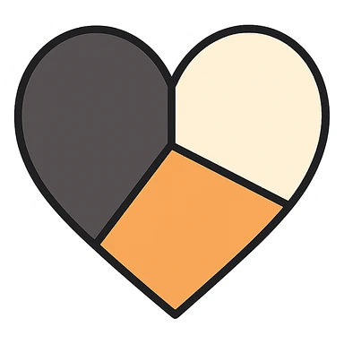 flat toon heart divided into three pie chart sections: black, white, orange sticker